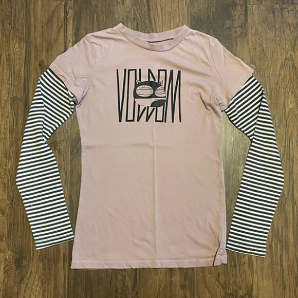 Volcom pink &grey layered long sleeve T shirt Skills Pixie ninja cat punk rock - Picture 1 of 6
